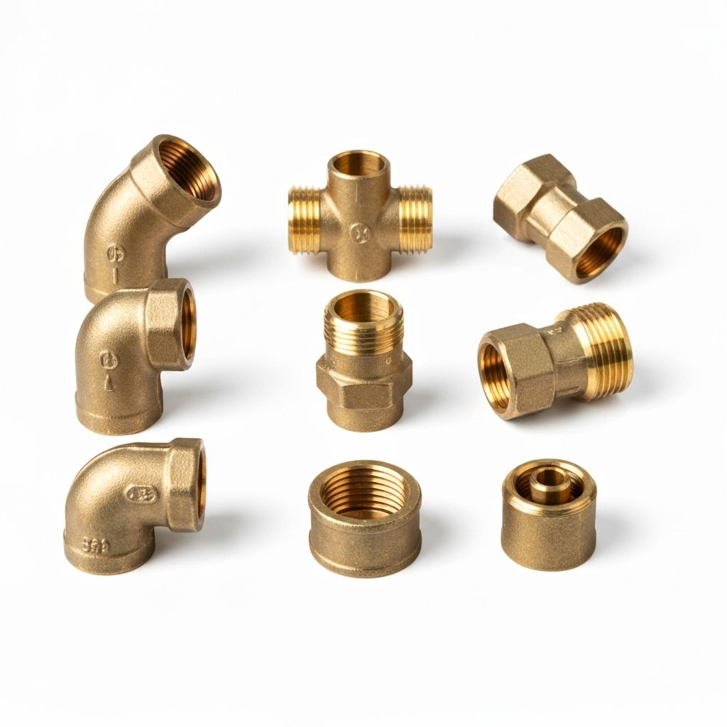 Assorted brass crimp-on plumbing fittings including elbows, tees and joiners