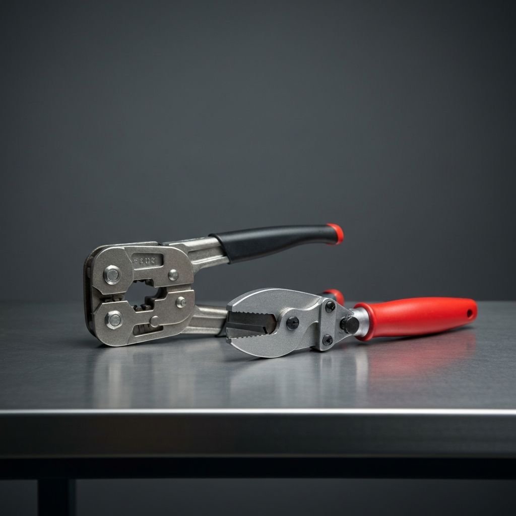 Plumbing installation tools including crimping tool and pipe cutter for PEX systems